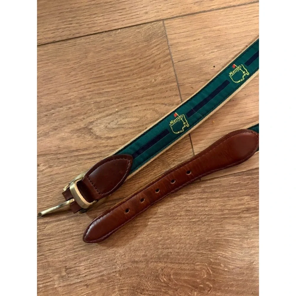Masters Golf Tournament Ribbon Belt Leather Tabs Green Navy Stripe Mens 38